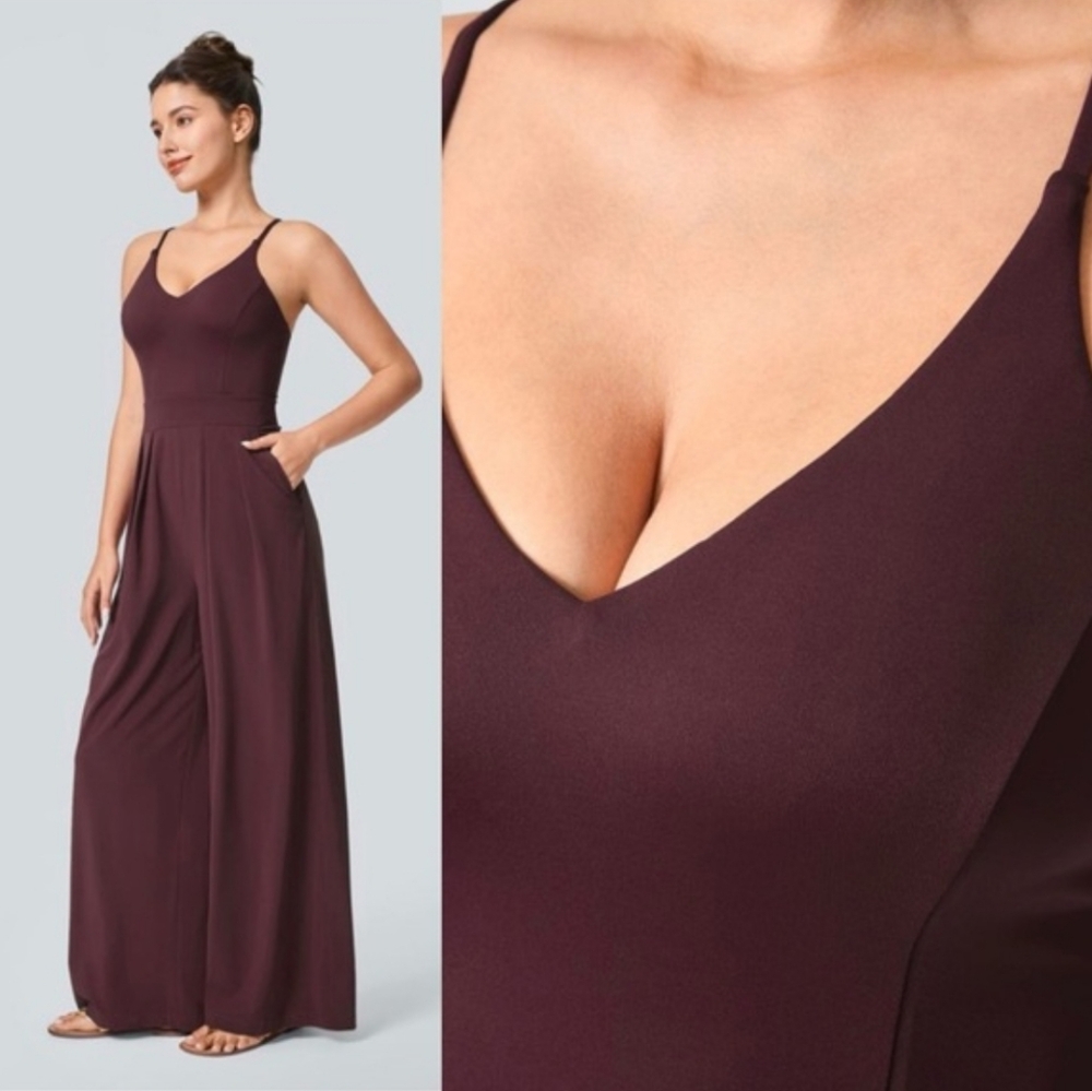 Halara Breezeful Wide Leg Jumpsuit Backless Pocket Burgundy Size S Flowy Resort - Picture 2 of 15